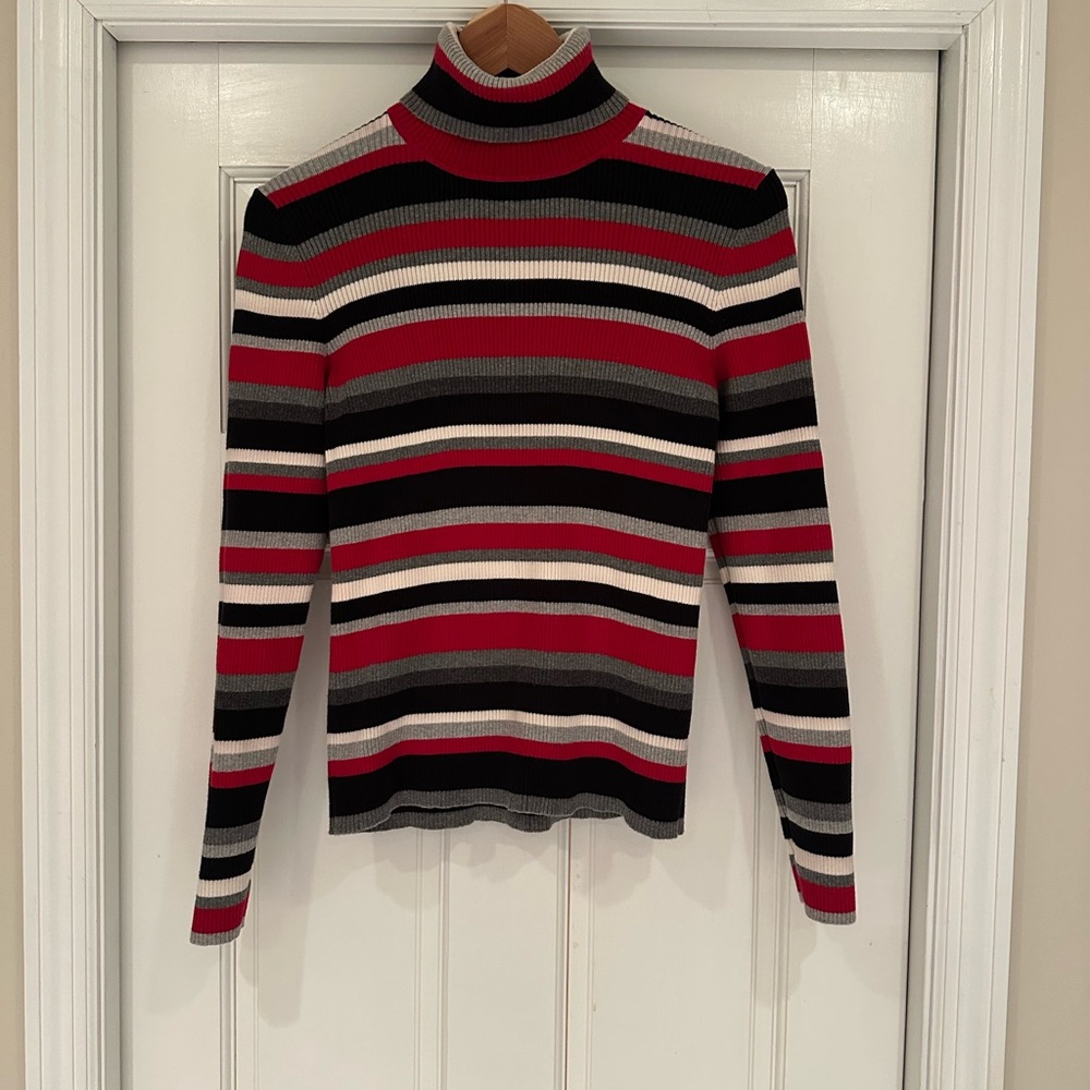 Jones New York Striped Turtleneck Sweater - Red, Black & Gray